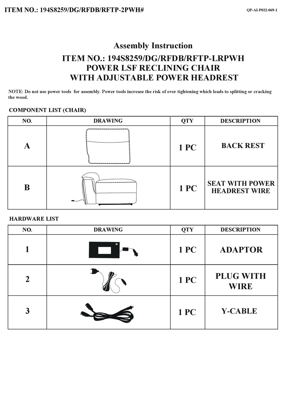 OVERSTOCK 194S8259LRPWH ASSEMBLY INSTRUCTION MANUAL Pdf Download