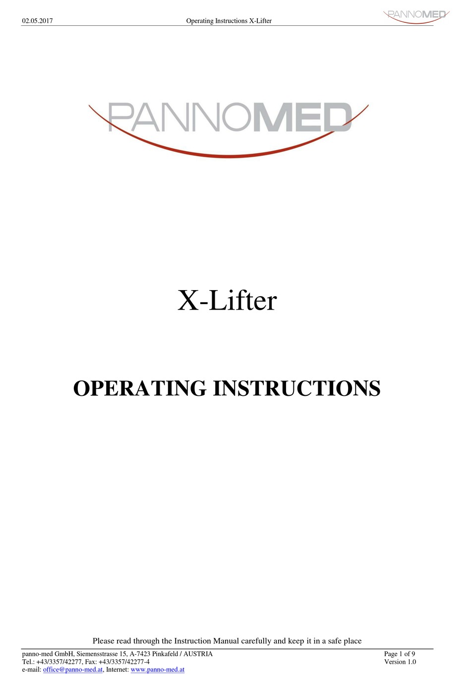 PANNOMED XLIFTER OPERATING INSTRUCTIONS MANUAL Pdf Download ManualsLib