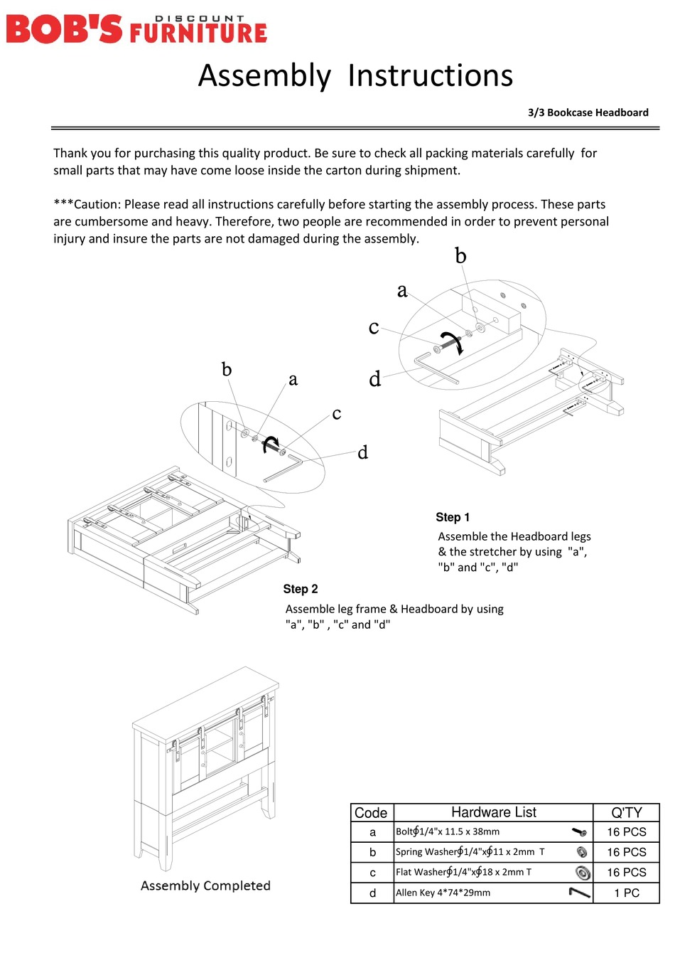 BOB'S DISCOUNT FURNITURE MONTANA YOUTH ASSEMBLY INSTRUCTIONS Pdf