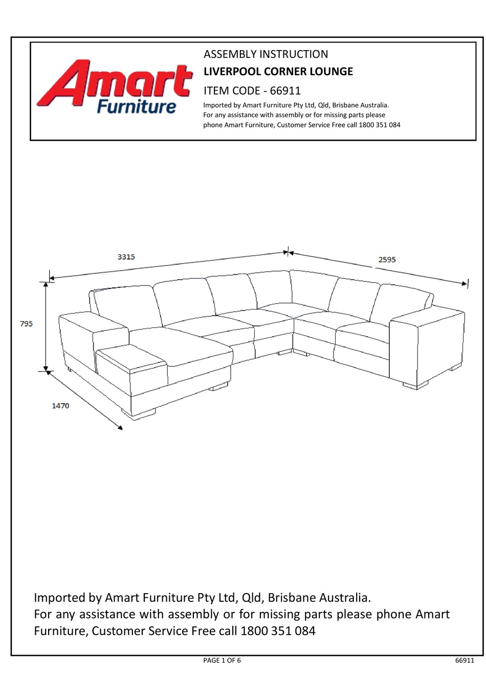 AMART FURNITURE LIVERPOOL 66911 ASSEMBLY INSTRUCTION MANUAL Pdf