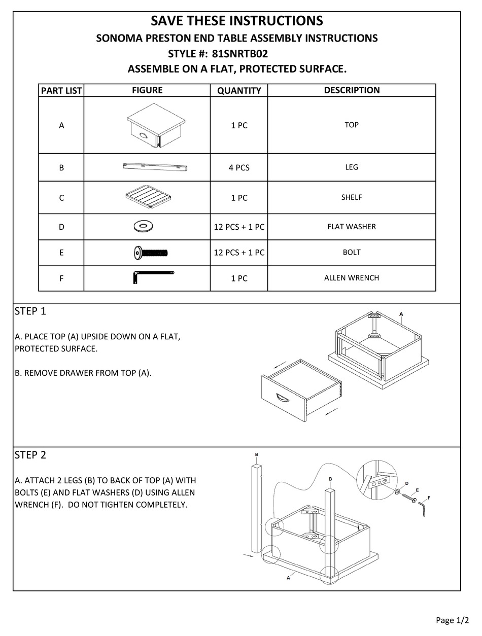 SONOMA PRESTON 81SNRTB02 ASSEMBLY INSTRUCTIONS Pdf Download ManualsLib