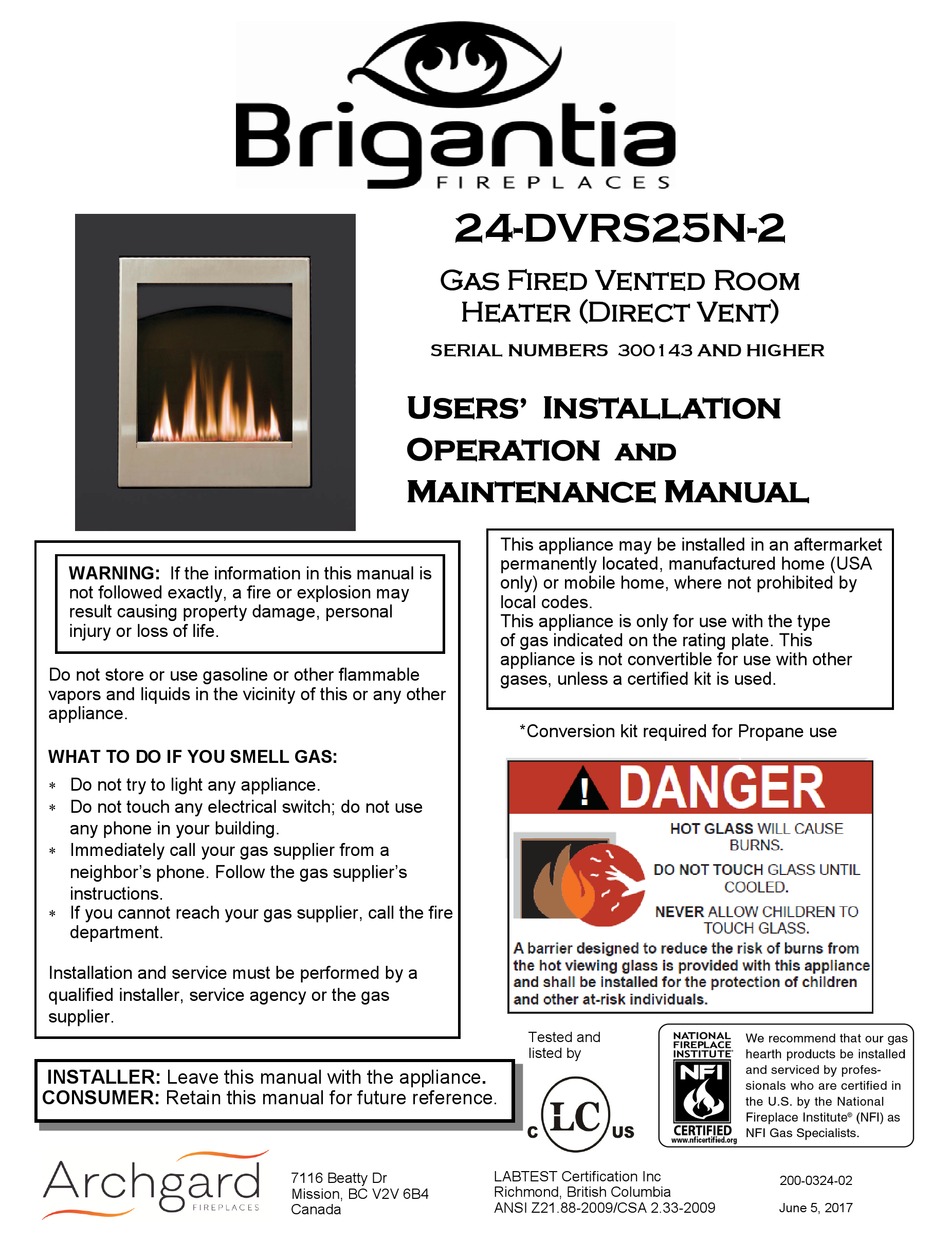 BRIGANTIA FIREPLACES 24DVRS25N2 USER'S INSTALLATION, OPERATION AND