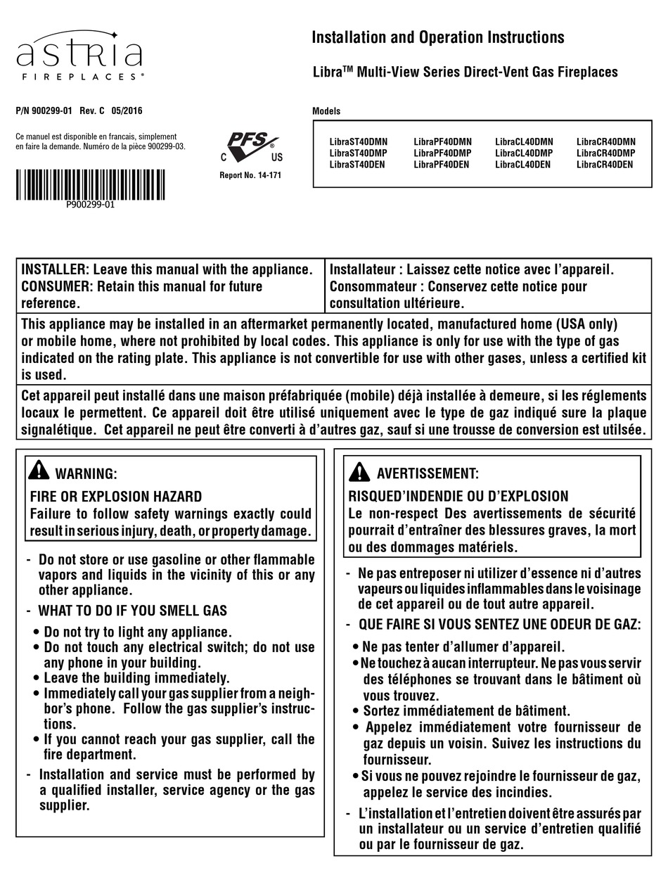 ASTRIA FIREPLACES LIBRAST40DMN INSTALLATION & OPERATION INSTRUCTIONS