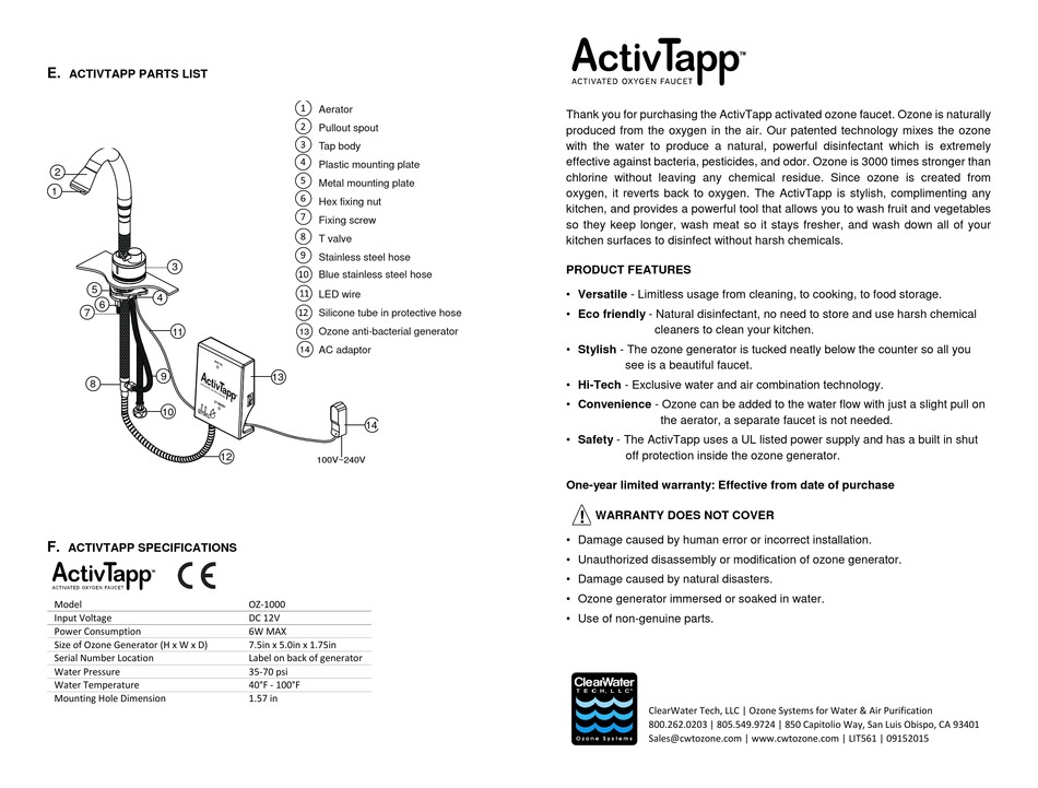 CLEARWATER ACTIVTAPP OZ1000 QUICK START MANUAL Pdf Download ManualsLib