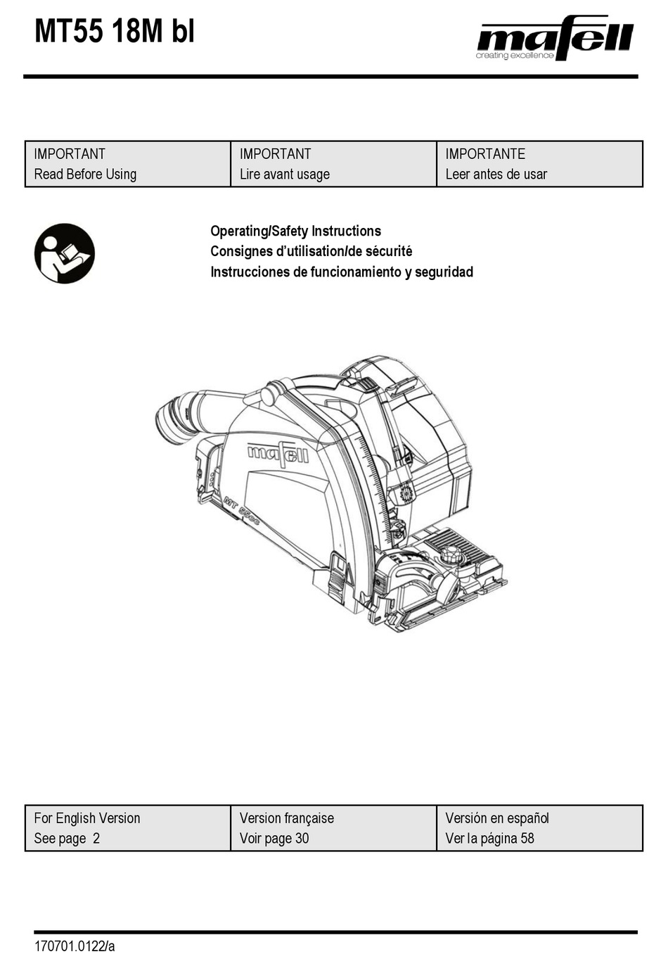 MAFELL MT55 18M BL OPERATING/SAFETY INSTRUCTIONS MANUAL Pdf Download