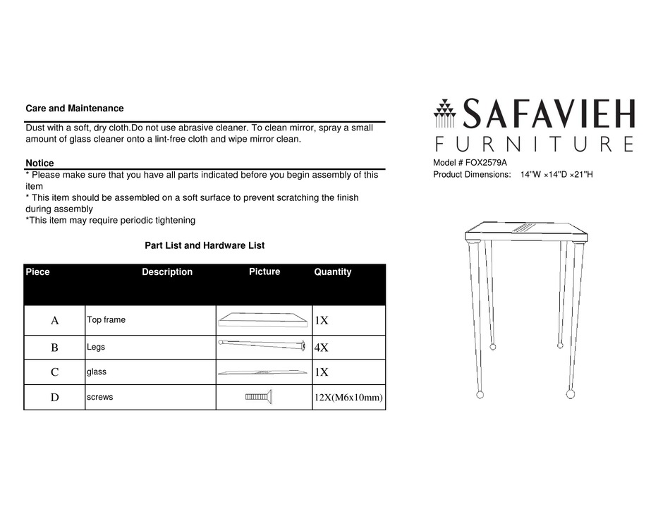 SAFAVIEH FURNITURE FOX2579A ASSEMBLY INSTRUCTIONS Pdf Download ManualsLib