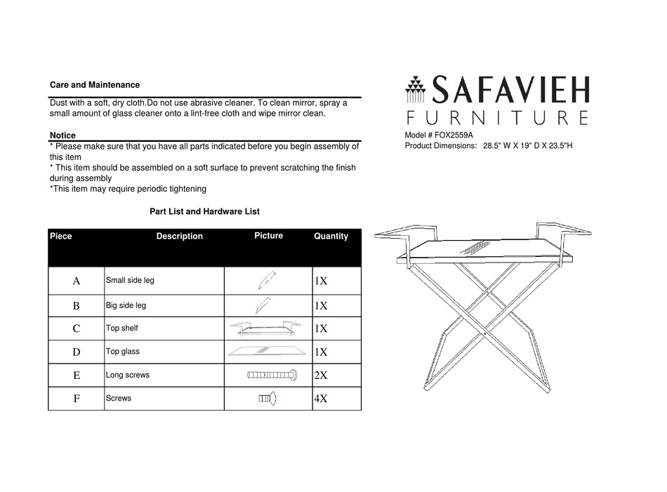 SAFAVIEH FURNITURE FOX2559A ASSEMBLY INSTRUCTIONS Pdf Download ManualsLib