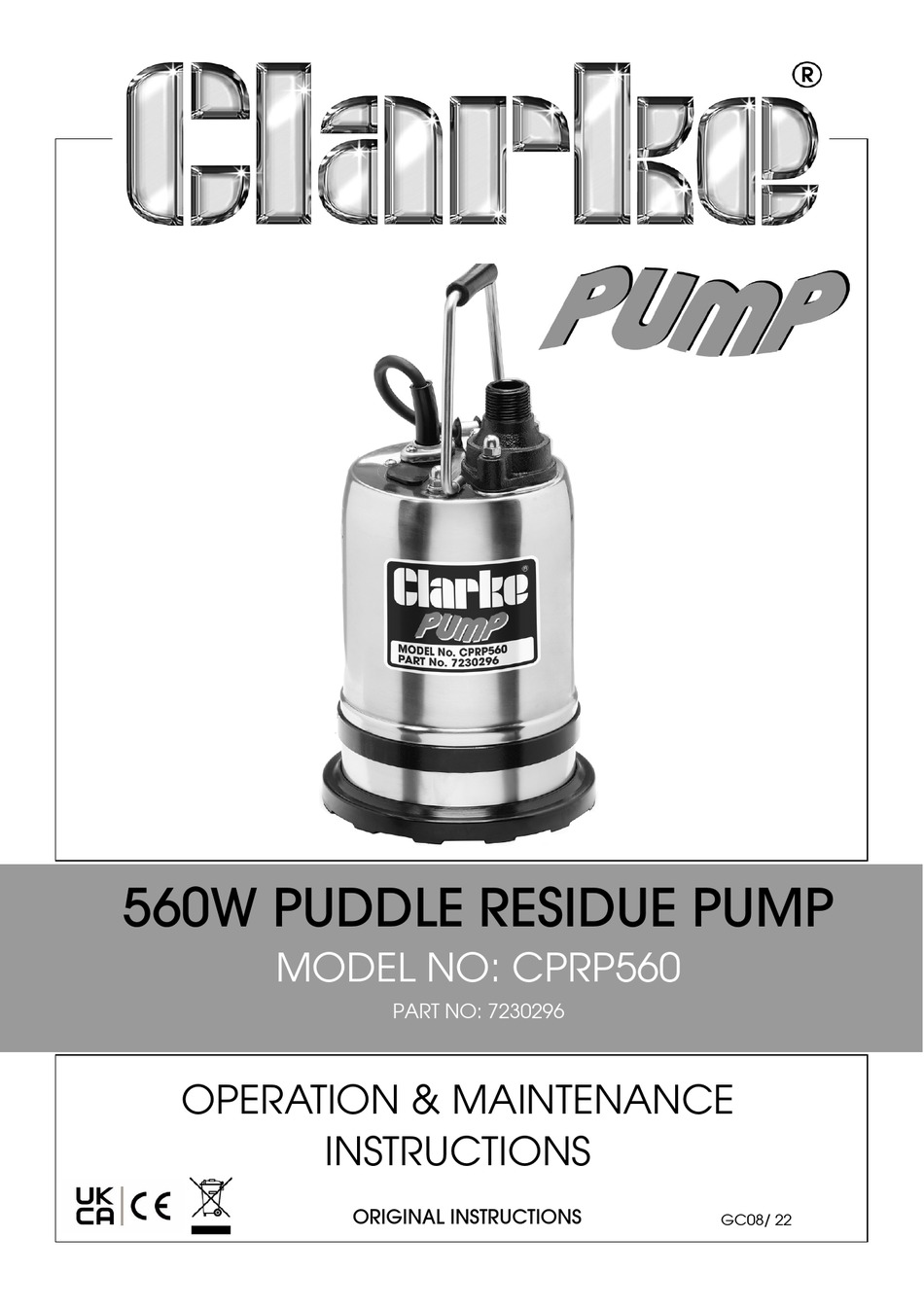 CLARKE CPRP560 OPERATION & MAINTENANCE INSTRUCTIONS MANUAL Pdf Download