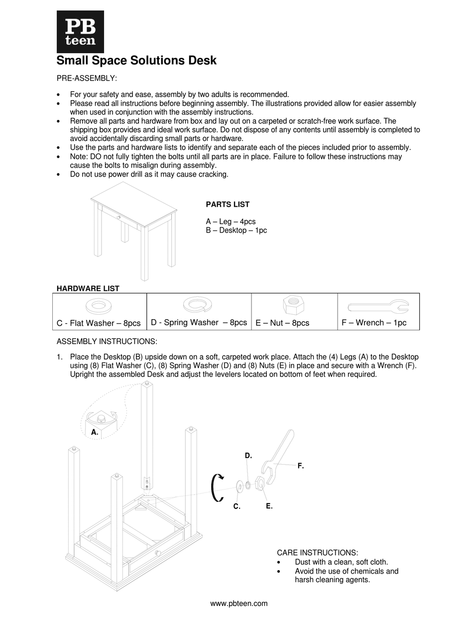 PB TEEN SMALL SPACE SOLUTIONS DESK ASSEMBLY INSTRUCTIONS Pdf Download
