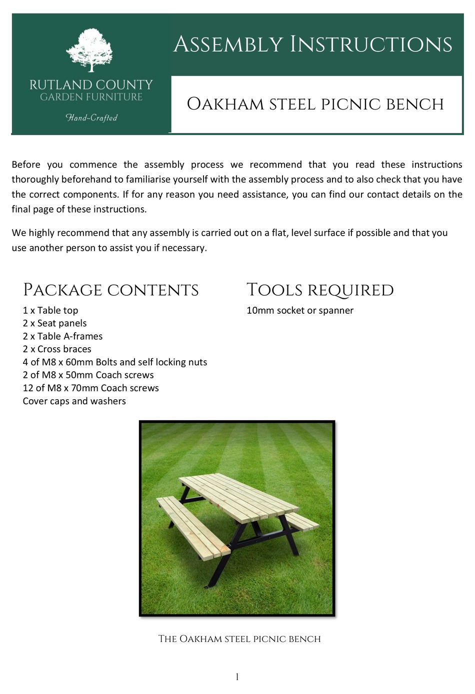 RUTLAND COUNTY GARDEN FURNITURE OAKHAM STEEL PICNIC BENCH ASSEMBLY
