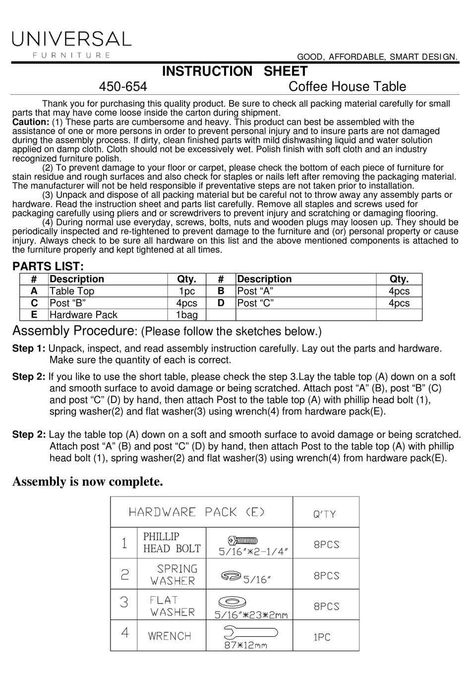 UNIVERSAL FURNITURE 450654 INSTRUCTION SHEET Pdf Download ManualsLib
