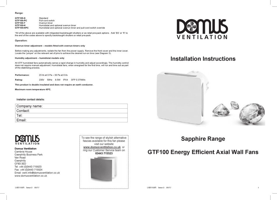 DOMUS VENTILATION SAPPHIRE GTF100 INSTALLATION INSTRUCTIONS Pdf Download ManualsLib