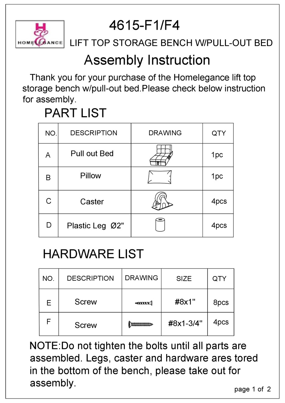 HOMELEGANCE 4615F4 ASSEMBLY INSTRUCTION Pdf Download ManualsLib