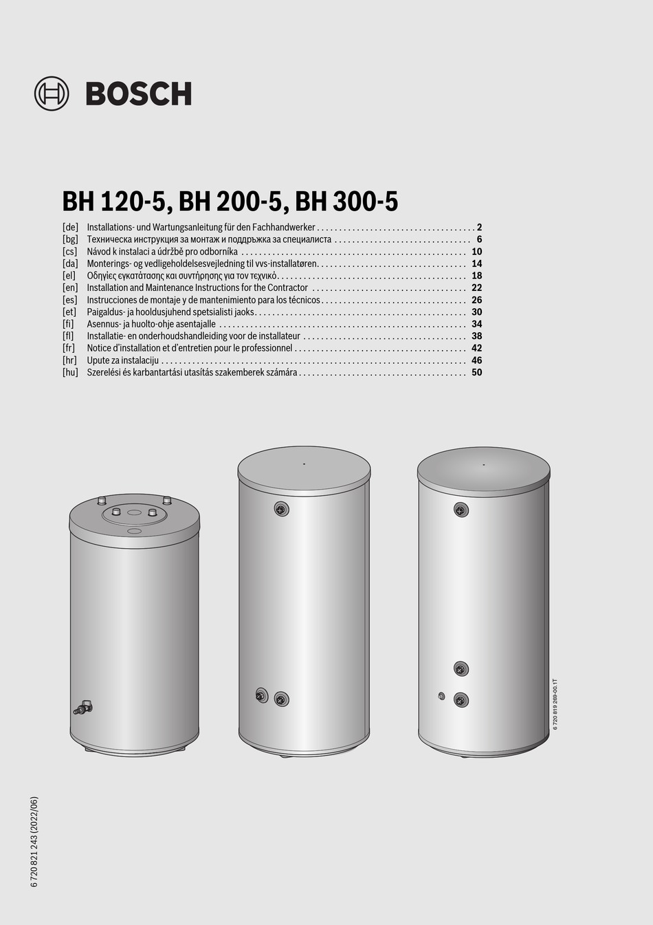 BOSCH BH 1205 INSTALLATION AND MAINTENANCE INSTRUCTIONS FOR THE