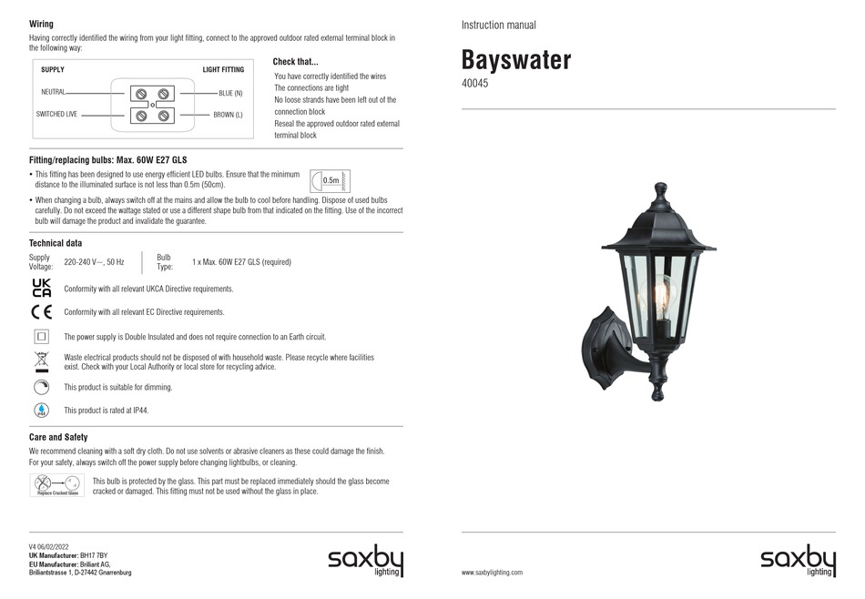 SAXBY LIGHTING BAYSWATER 40045 INSTRUCTION MANUAL Pdf Download ManualsLib