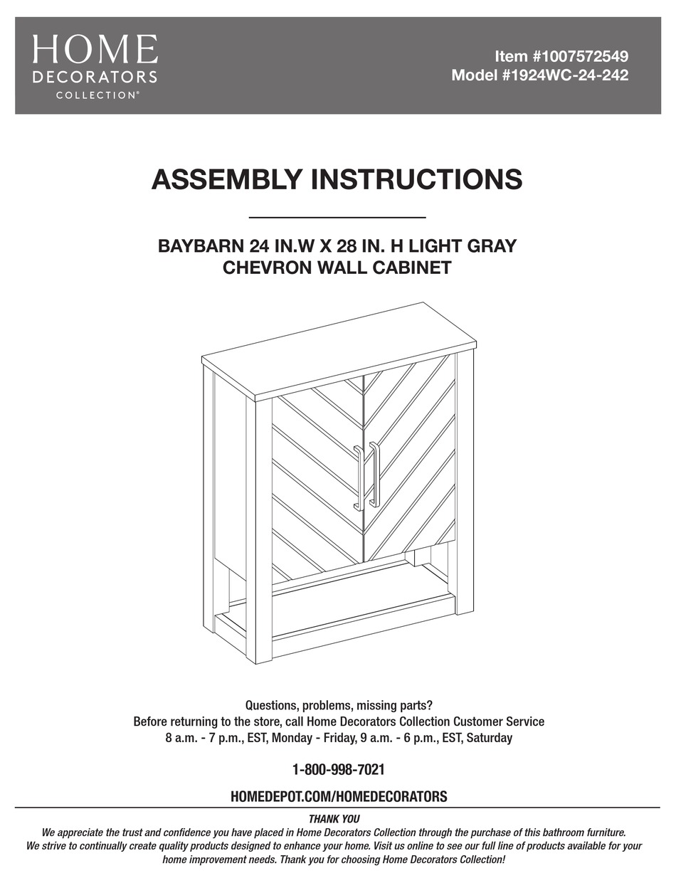 HOME DECORATORS COLLECTION BAYBARN 1924WC24242 ASSEMBLY INSTRUCTIONS