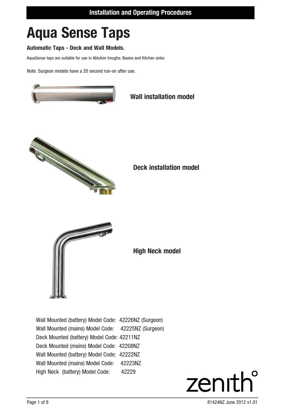 ZENITH SURGEON 42226NZ INSTALLATION AND OPERATING PROCEDURES Pdf ...