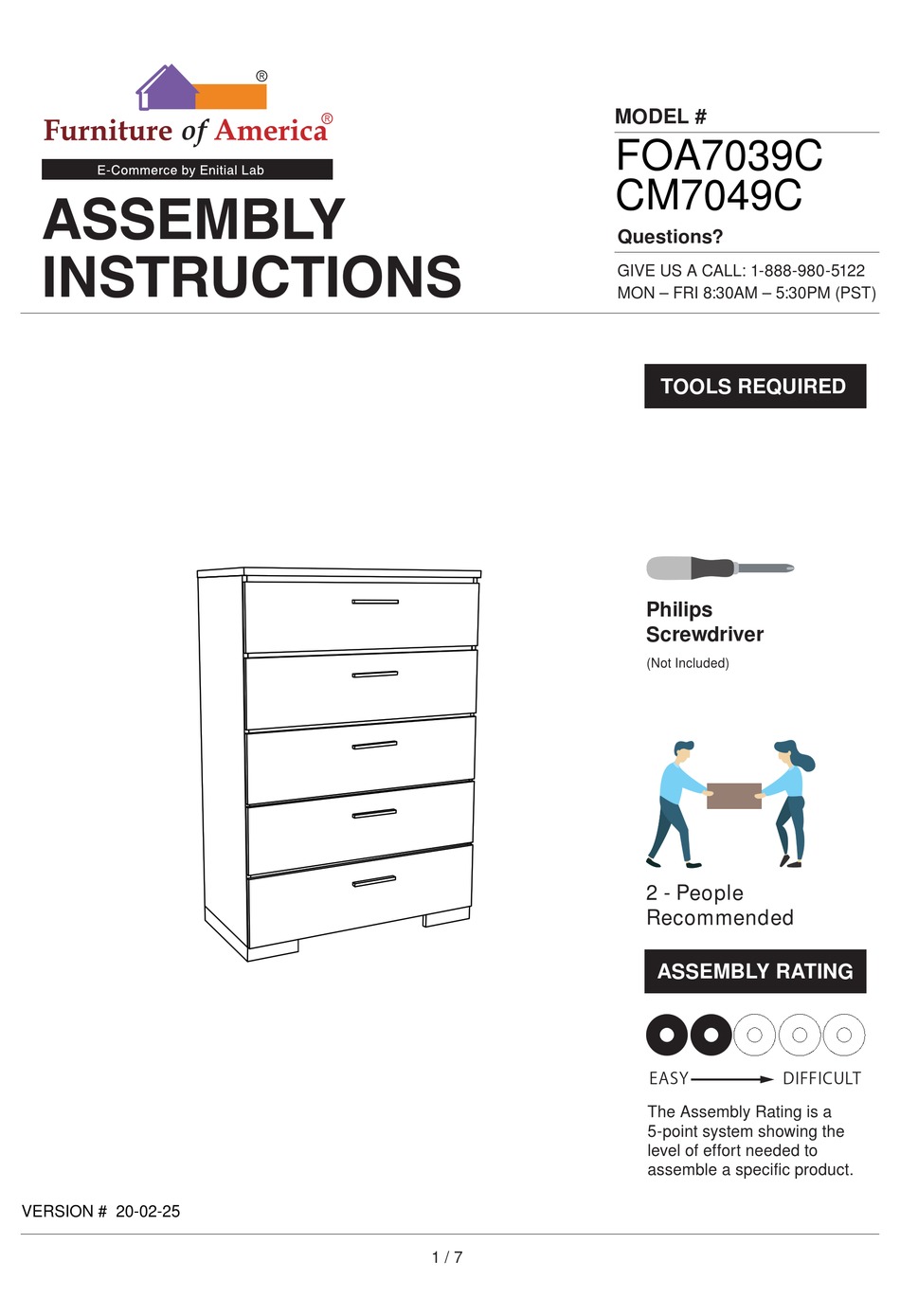 FURNITURE OF AMERICA FOA7039C ASSEMBLY INSTRUCTIONS MANUAL Pdf Download