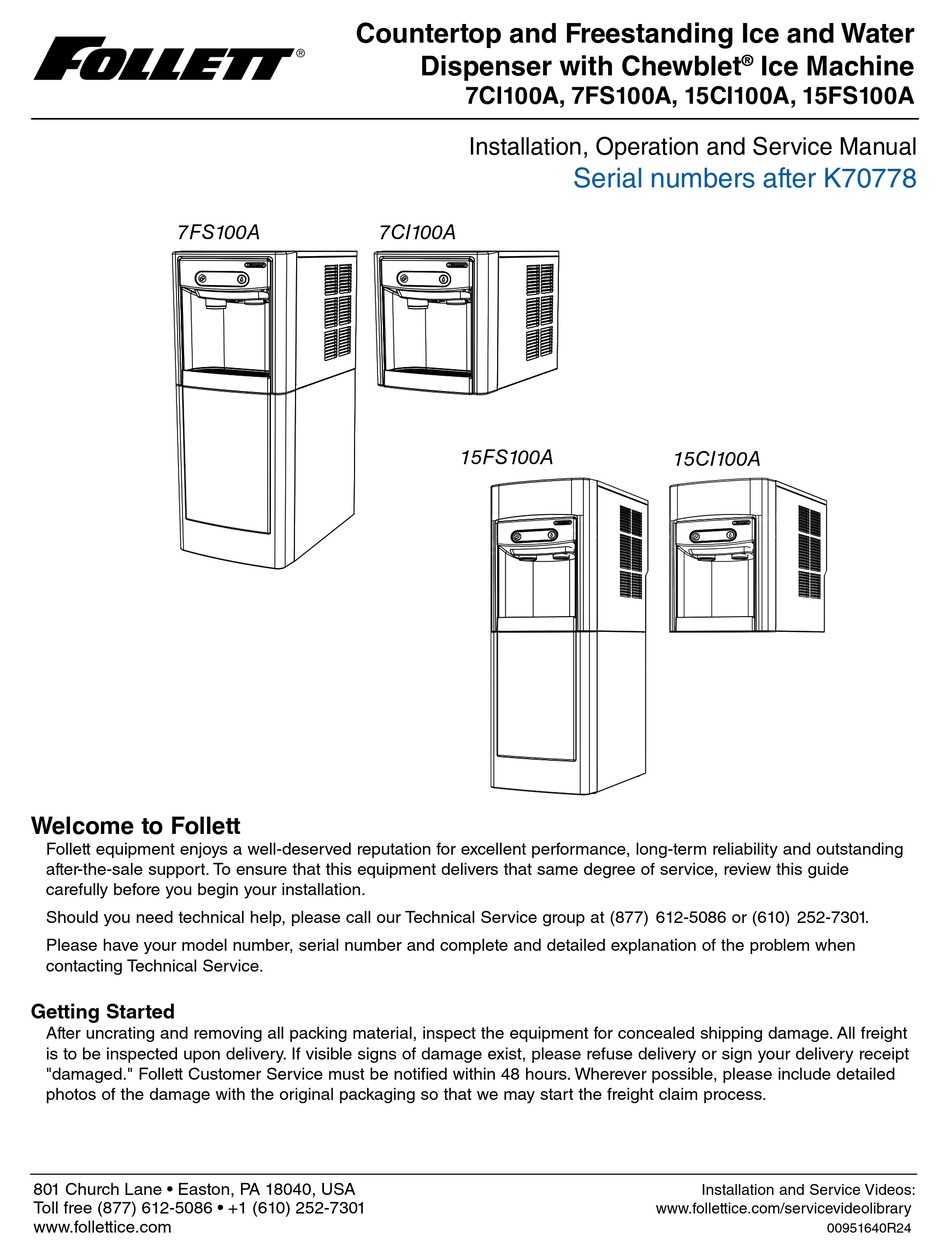 FOLLETT 7FS100A INSTALLATION, OPERATION AND SERVICE MANUAL Pdf Download