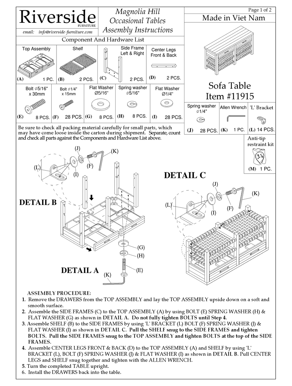 RIVERSIDE FURNITURE MAGNOLIA HILL 11915 ASSEMBLY INSTRUCTIONS Pdf
