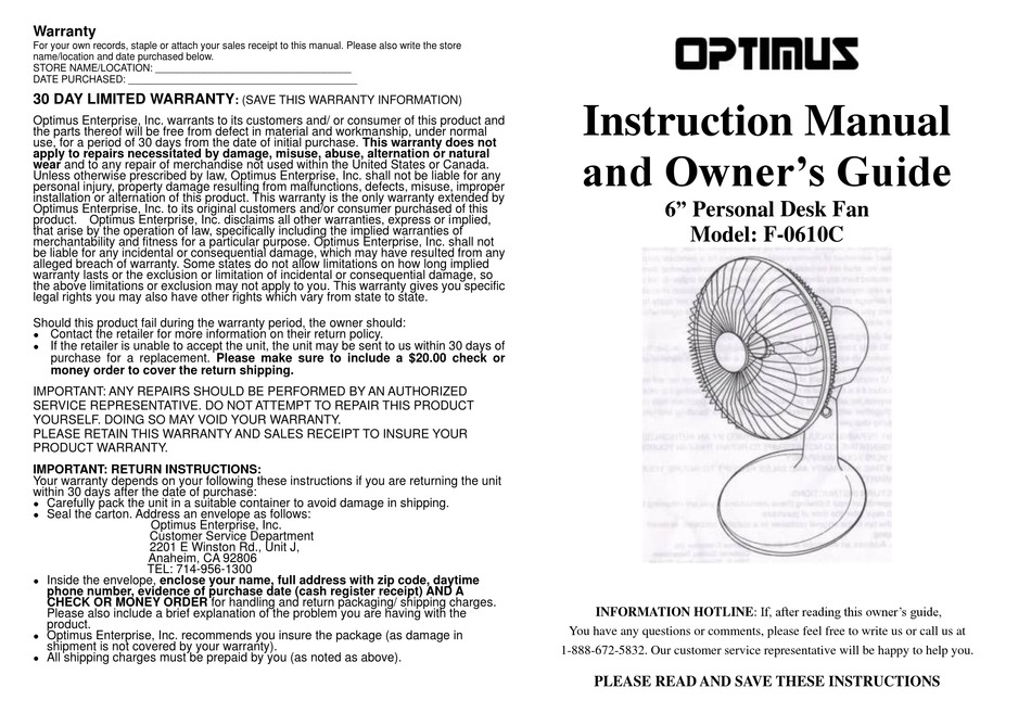 Optimus F 0610c Instruction Manual Pdf Download Manualslib