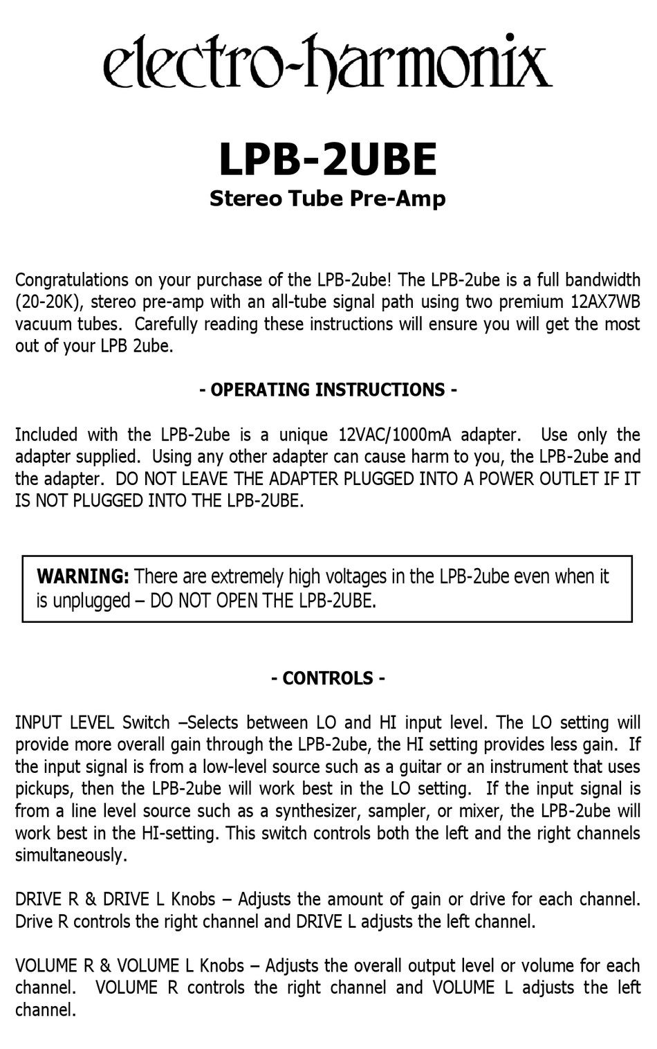 ELECTROHARMONIX LPB2UBE QUICK START MANUAL Pdf Download ManualsLib