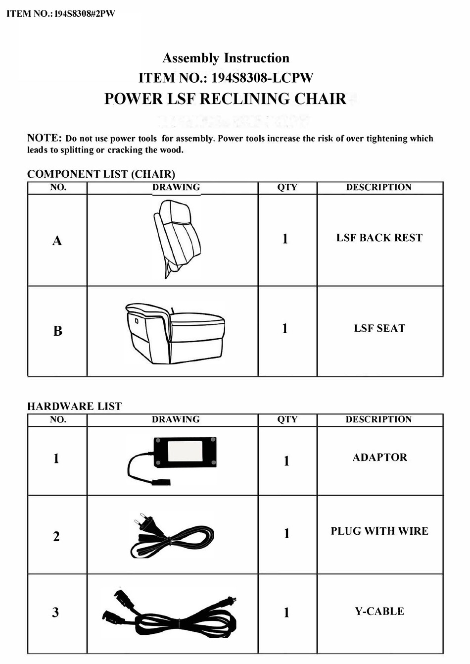 OVERSTOCK 194S8308LCPW ASSEMBLY INSTRUCTION MANUAL Pdf Download
