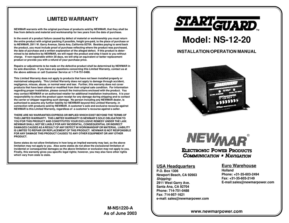 NEWMAR STARTGUARD NS1220 INSTALLATION & OPERATION MANUAL Pdf Download