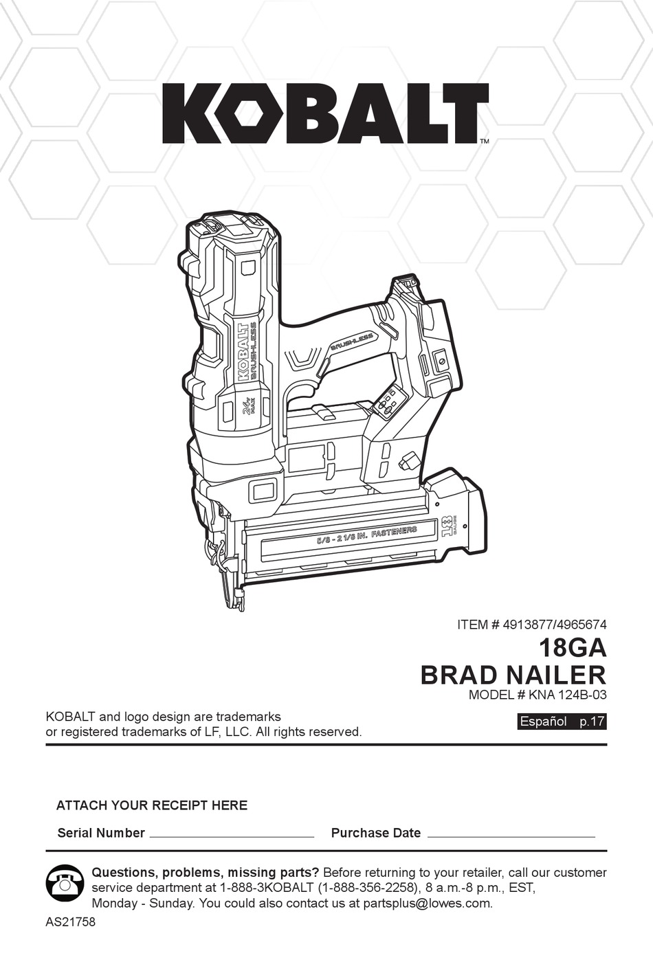 KOBALT KNA 124B03 USER MANUAL Pdf Download ManualsLib