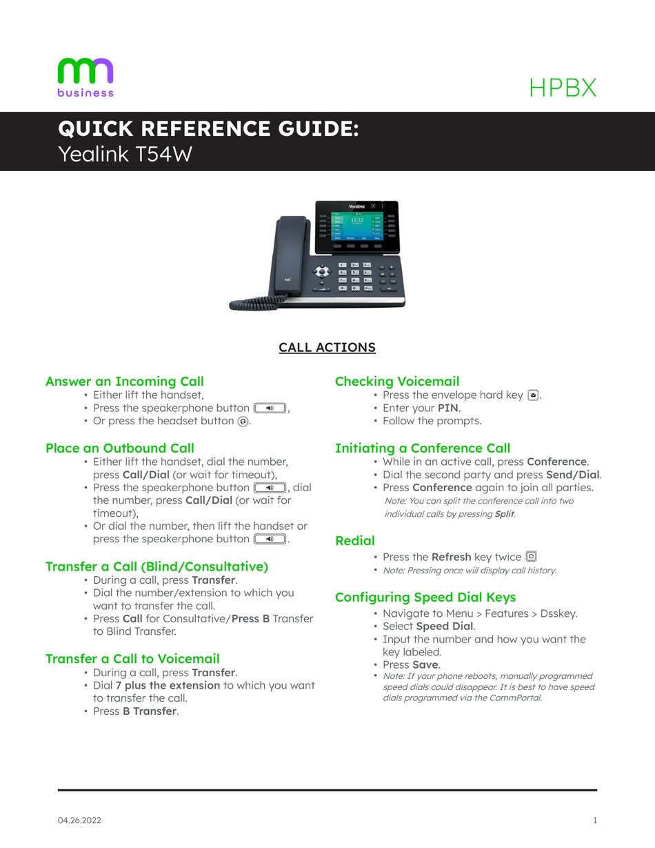 YEALINK T54W QUICK REFERENCE MANUAL Pdf Download ManualsLib