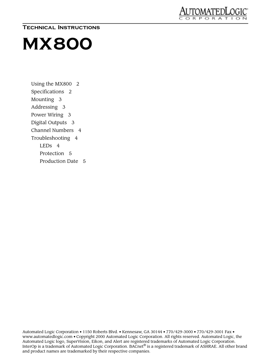 AUTOMATED LOGIC MX800 TECHNICAL INSTRUCTIONS Pdf Download ManualsLib