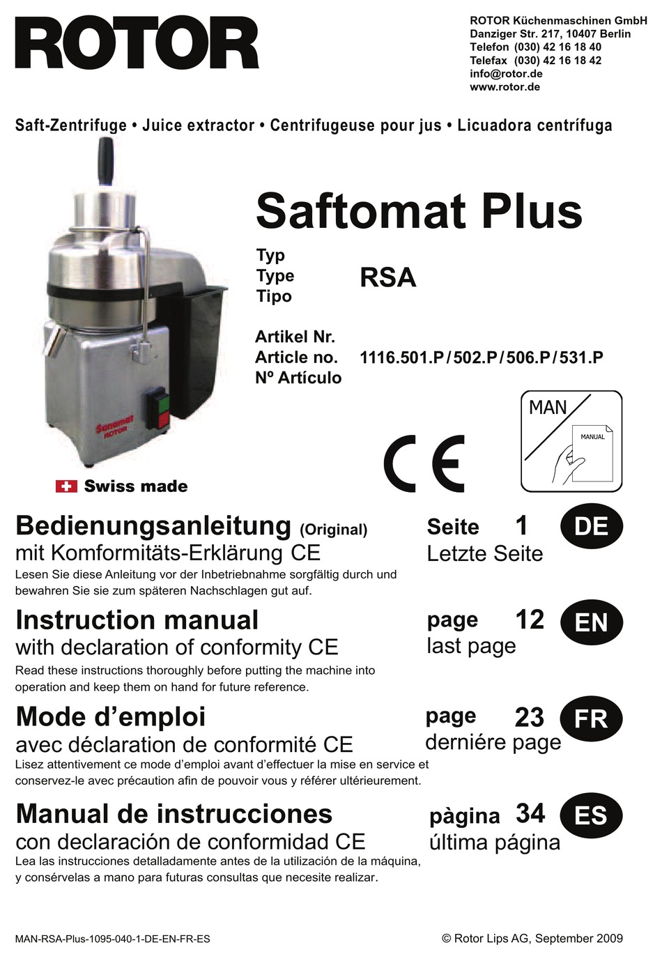 ROTOR 1116.501.P INSTRUCTION MANUAL Pdf Download ManualsLib