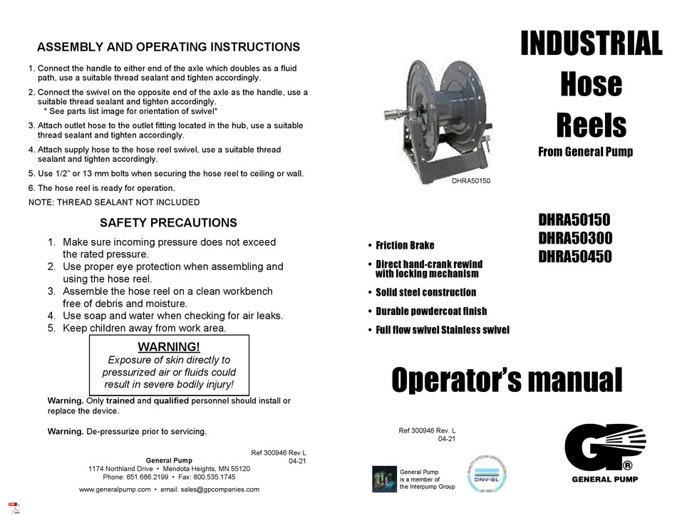 GENERAL PUMP DHRA50150 Pressure Washer Steel Hose Reel User Manual