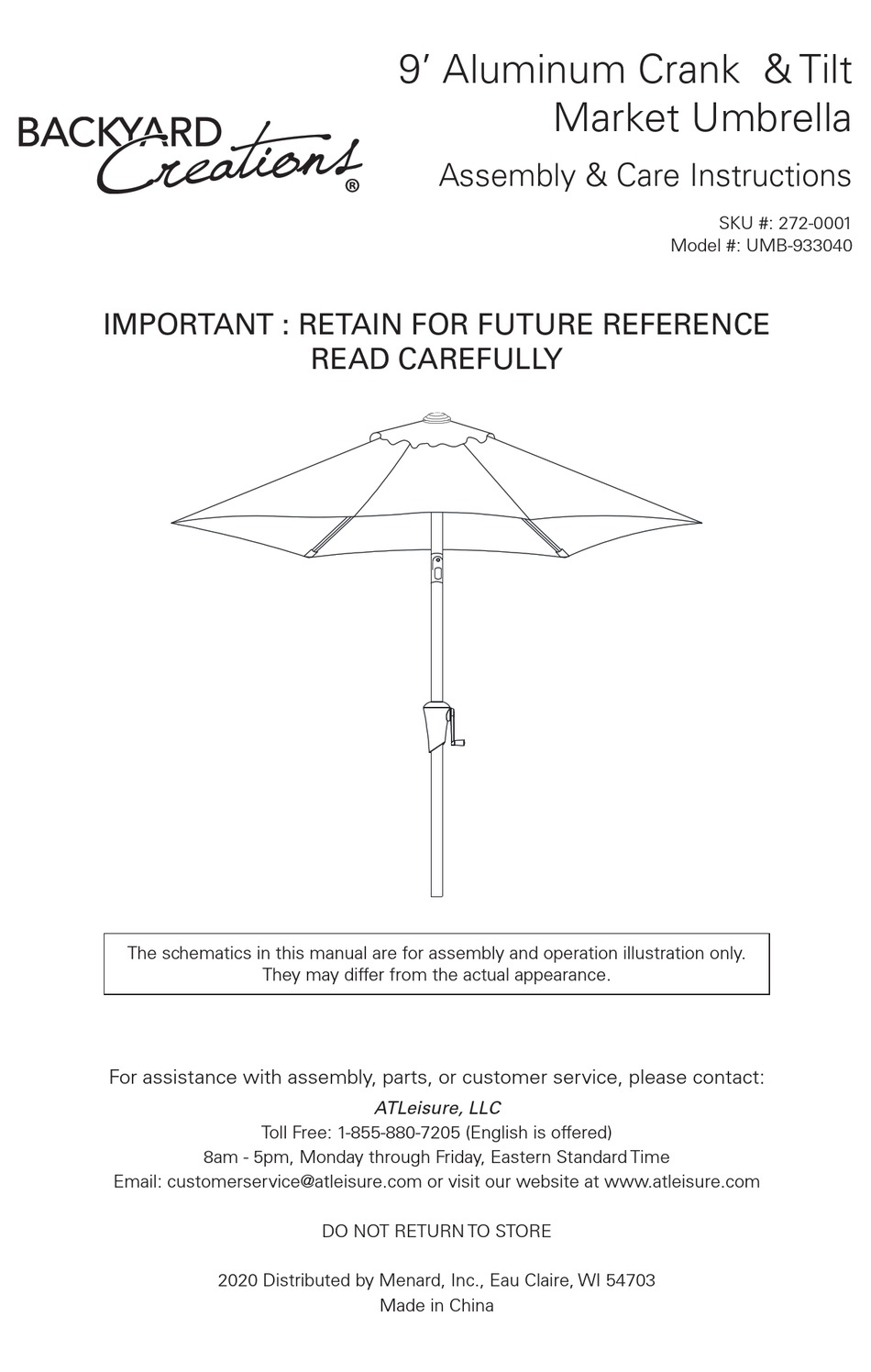 BACKYARD CREATIONS UMB933040 ASSEMBLY & CARE INSTRUCTIONS Pdf Download
