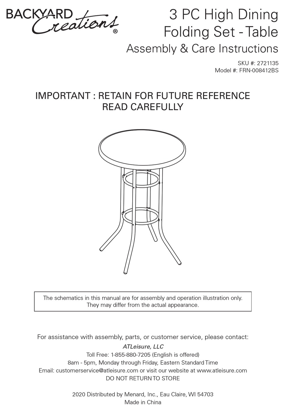 BACKYARD CREATIONS FRN008412BS ASSEMBLY & CARE INSTRUCTIONS Pdf