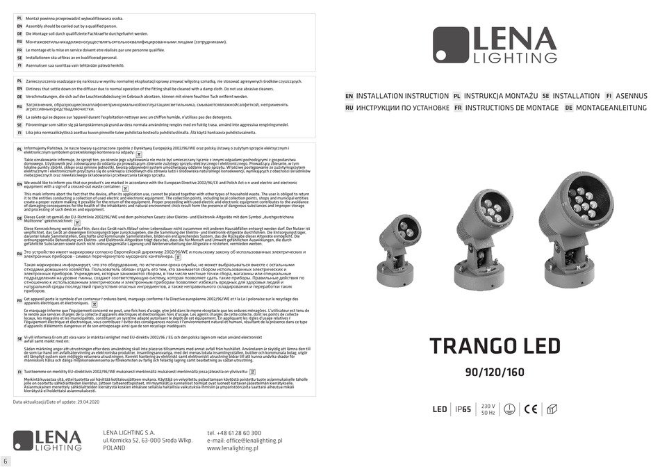 LENA LIGHTING TRANGO LED 90 INSTALLATION INSTRUCTION Pdf Download