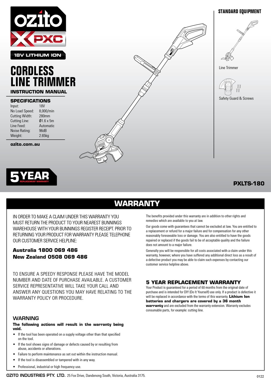 OZITO PXLTS180 INSTRUCTION MANUAL Pdf Download ManualsLib