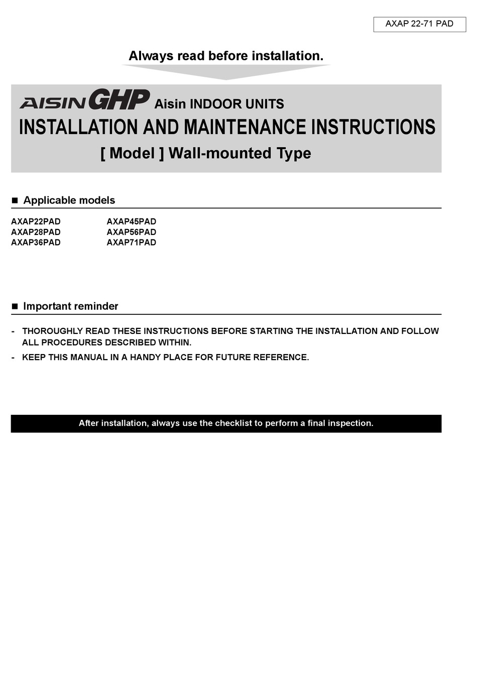 AISIN GHP AXAP22PAD INSTALLATION AND MAINTENANCE INSTRUCTIONS MANUAL