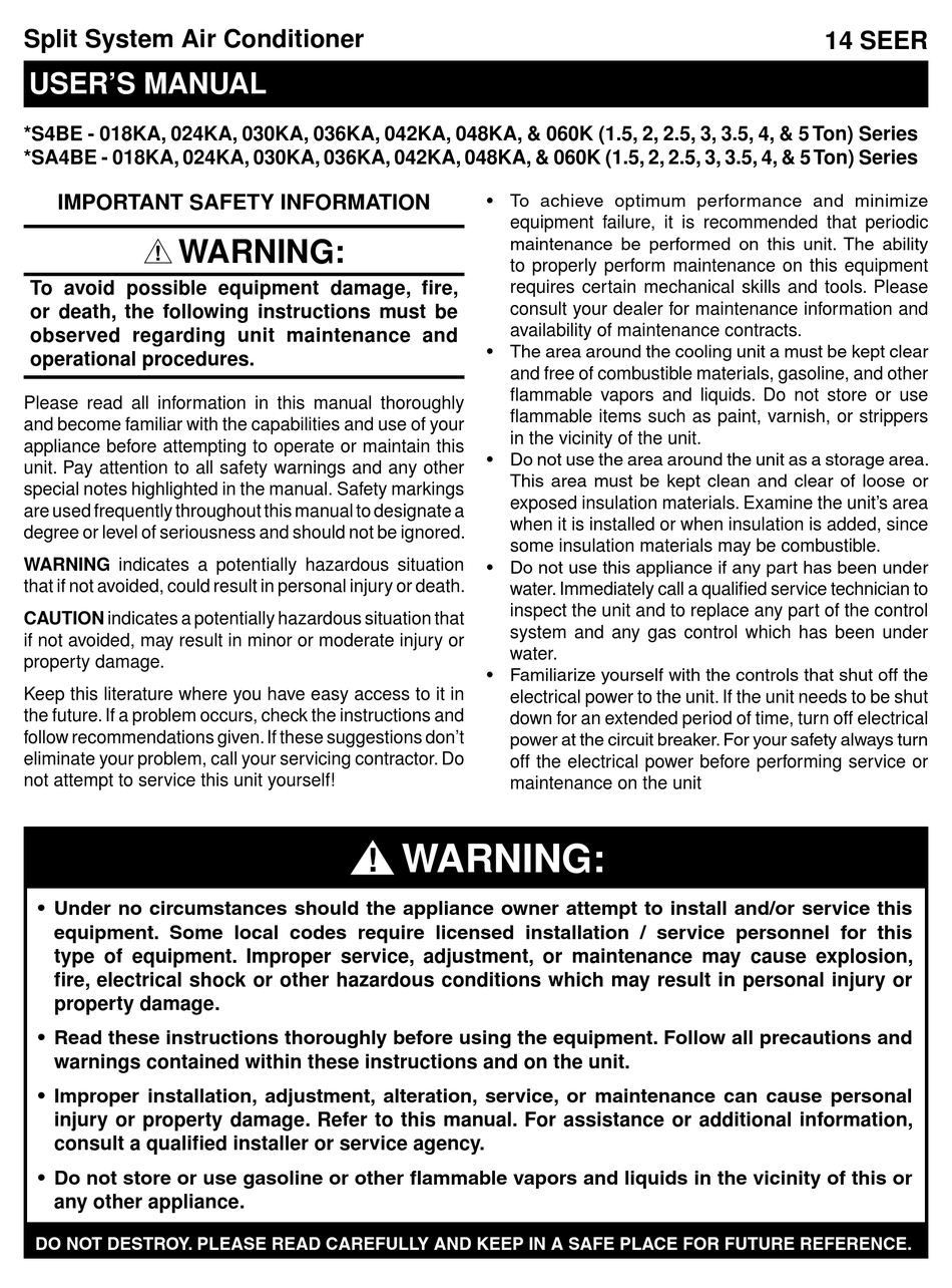 NORDYNE S4BE018KA SERIES USER MANUAL Pdf Download ManualsLib