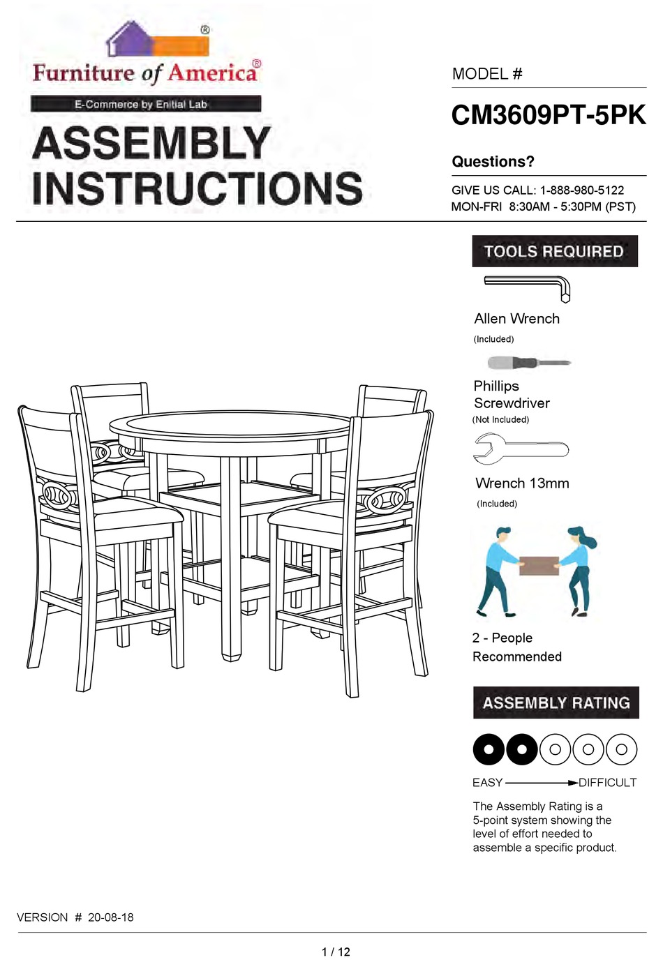 FURNITURE OF AMERICA MILLY CM3609PT5PK ASSEMBLY INSTRUCTIONS MANUAL