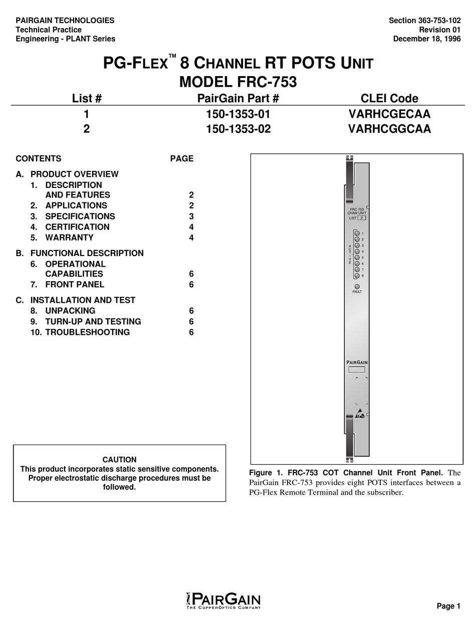 COPPEROPTICS PAIRGAIN PG-FLEX FRC-753 MANUAL Pdf Download | ManualsLib