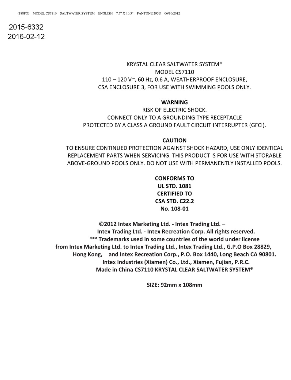 INTEX KRYSTAL CLEAR SALTWATER SYSTEM CS7110 INSTRUCTION MANUAL Pdf