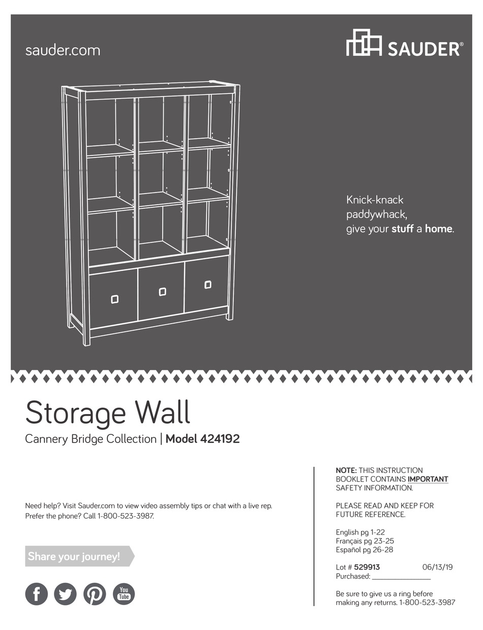 SAUDER CANNERY BRIDGE 424192 ASSEMBLY INSTRUCTIONS MANUAL Pdf Download