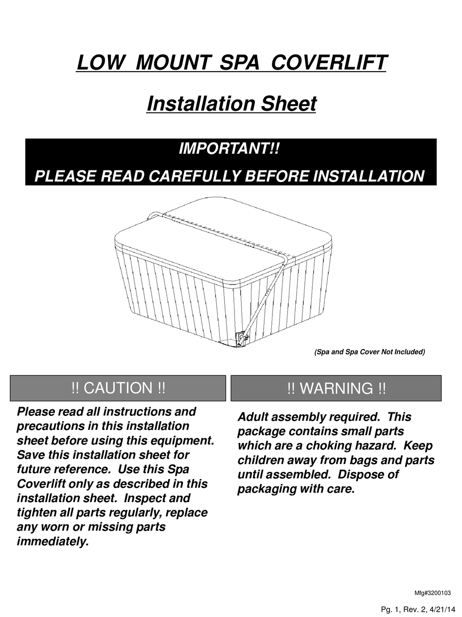 FREEFLOW SPAS COVER LIFTER LOW MOUNT INSTALLATION SHEET Pdf Download