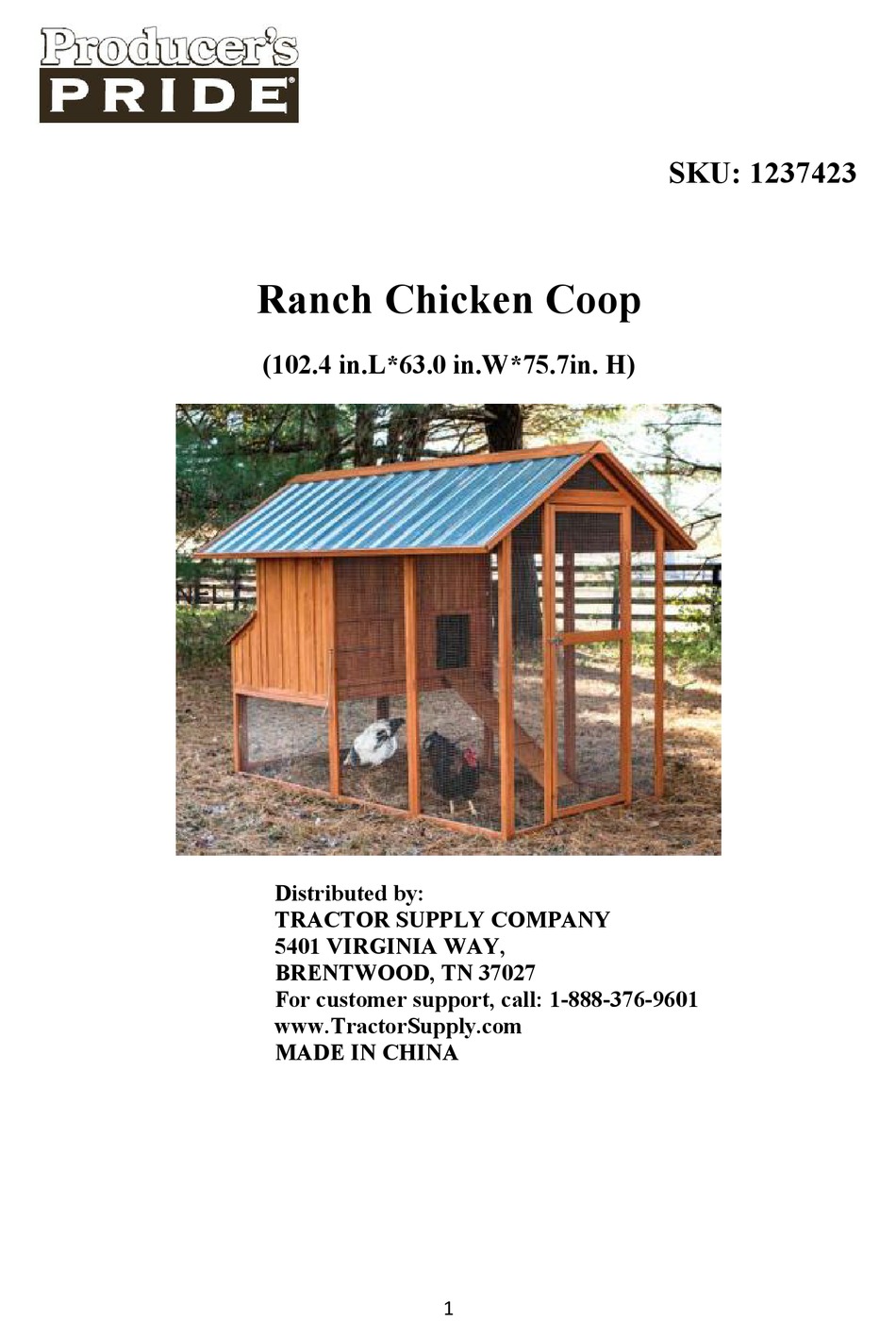 PRODUCER'S PRIDE RANCH CHICKEN COOP CARE INSTRUCTIONS Pdf Download