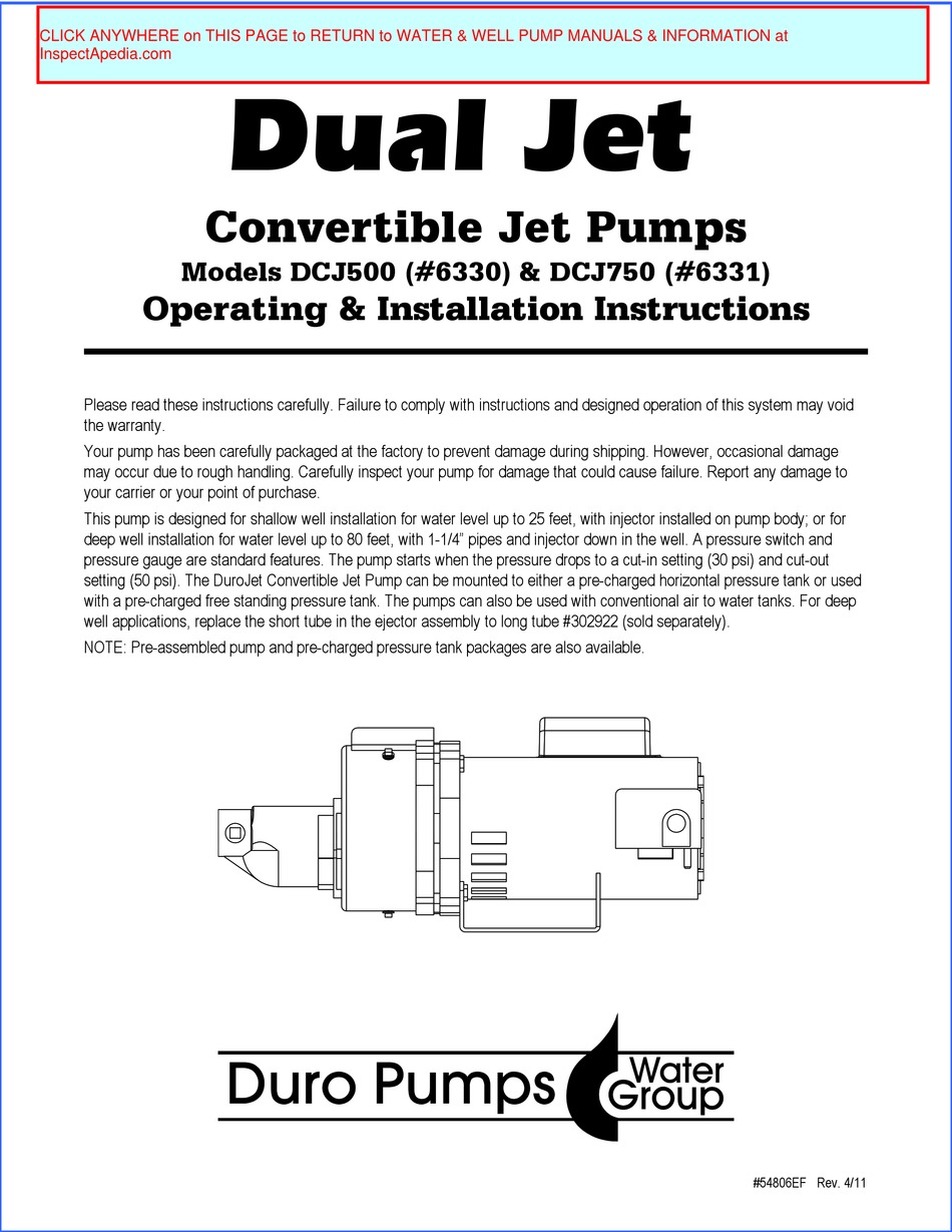 WATER DURO PUMPS DCJ500 OPERATING & INSTALLATION INSTRUCTIONS MANUAL