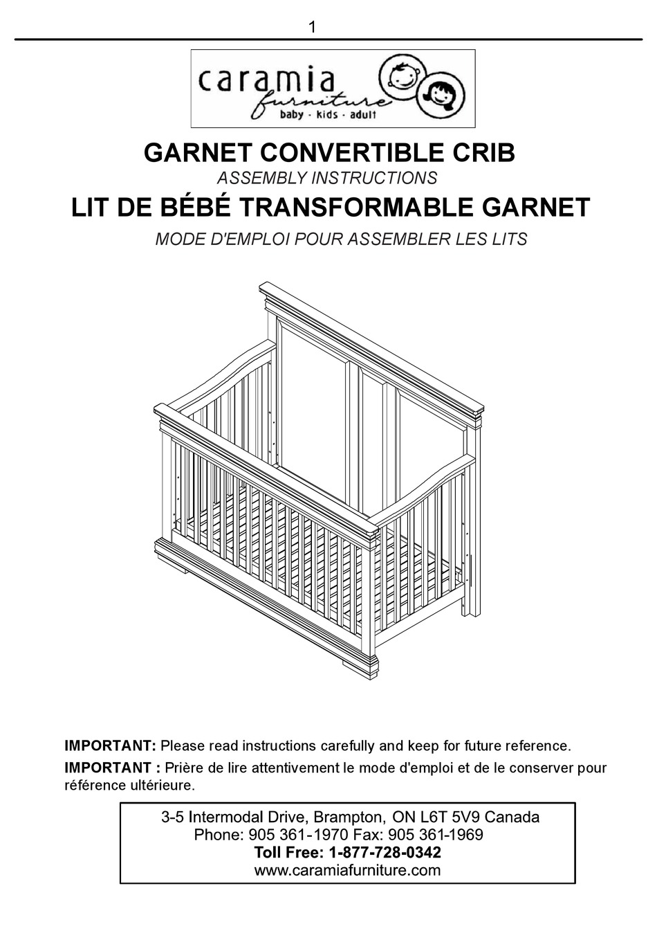 CARAMIA FURNITURE CONVERTIBLE CRIB ASSEMBLY INSTRUCTIONS MANUAL