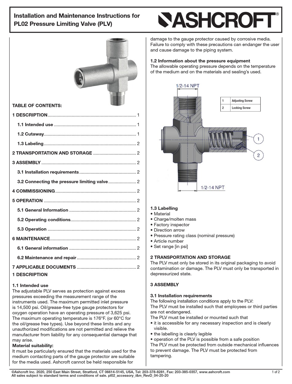 ASHCROFT PL02 INSTALLATION AND MAINTENANCE INSTRUCTIONS Pdf Download