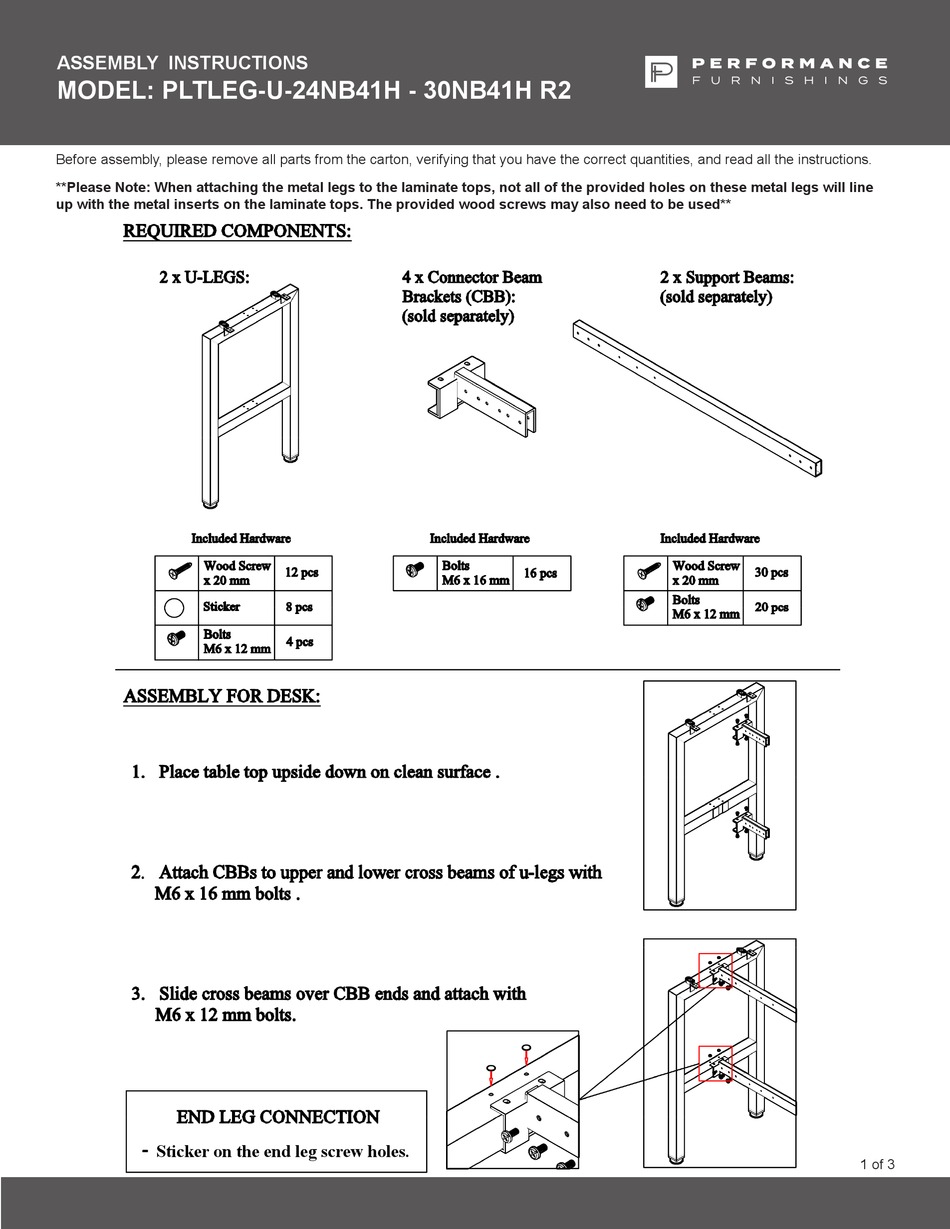 PERFORMANCE FURNISHINGS PLTLEGU24NB41H R2 ASSEMBLY INSTRUCTIONS Pdf