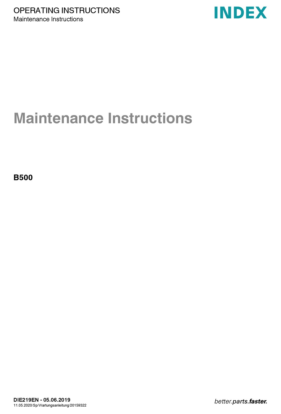 INDEX B500 OPERATING INSTRUCTIONS AND MAINTENANCE INSTRUCTIONS Pdf